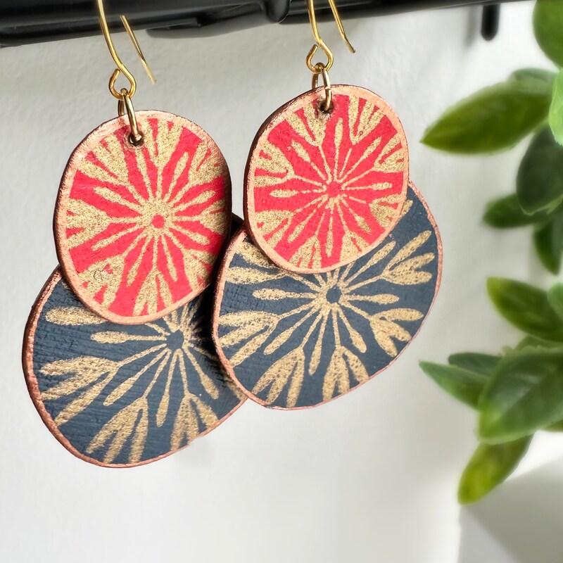 Statement Handmade "Sun" Upcycled Handmade Paper Earrings - various. Colors of navy, orange, gold, red, tan. Rock and Polly